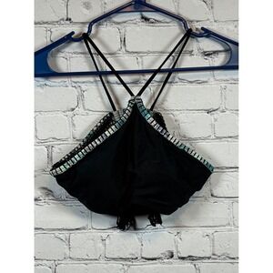 Ambrielle Bikini Top Halter Criss Cross Back Tie‎ Black Swimsuit Small